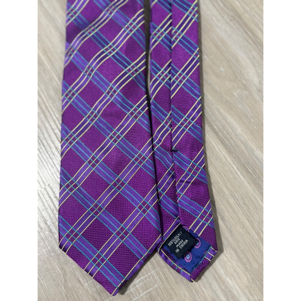 Ted Baker London Mens Silk Necktie Purple Teal Yellow Plaid Check Pattern Tie